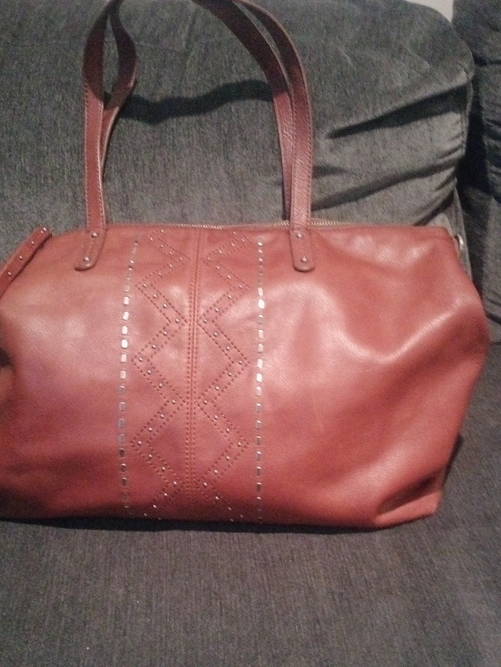 Lucky Brand Cognac Leather Tote with Stud Accents